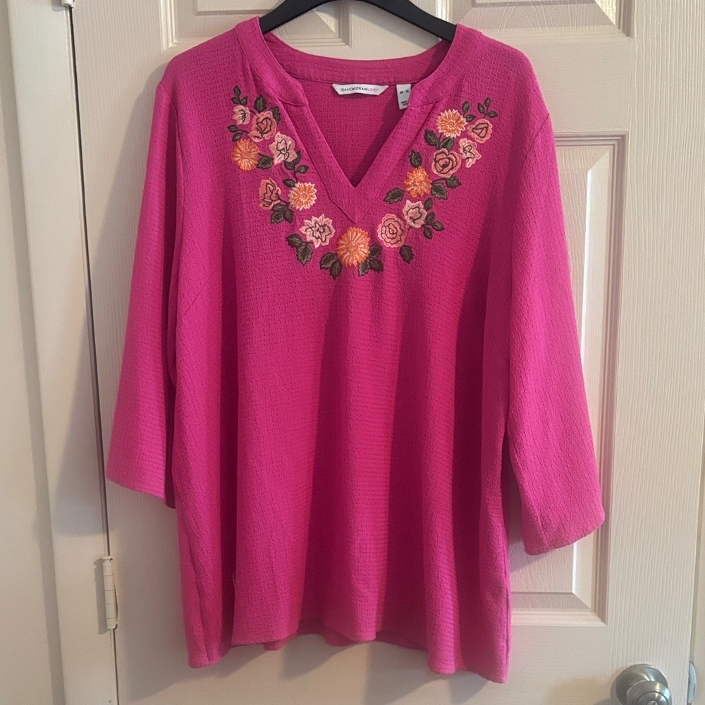 Isaac Mizrahi Fuchsia V-Neck Tunic with Floral Embroidery